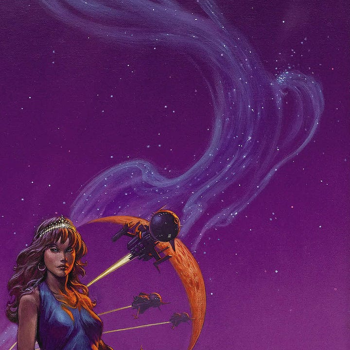 LEFT: Detail from DIADEM FROM THE STARS featuring a woman in sleeveless gown and ornamental headband standing on a rocky peak against a backdrop of purple and pink. Her hand rests on a black great cat, alien with green glowing eyes and fur fanning from its cheeks as it bares its teeth. RIGHT: Close detail from DIADEM FROM THE STARS featuring Aleytys wearing a golden diadem. A moon rises next to her with an ethereal trail wafting behind like smoke. The burn trails of three spaceships cross the shaded surface of the moon as they rocket past.