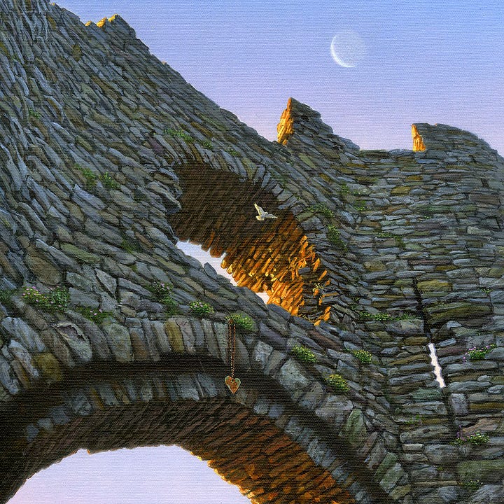 LEFT: Detail from FLIGHT OF DISCOVERY featuring view nearly straight up of a dove gliding through the windowed opening of Castle Pennard. The stonework arch is lit with the golden orange of sunset. Above a castle wall marked with clumps of wildflowers growing in the stonework, a crescent moon hangs in lavender and blue sky. RIGHT: Close detail from FLIGHT OF DISCOVERY featuring a flat metal heart hanging from a clump of wildflowers growing above the keystone of a ruined castle archway. With wings spread, a dove glides through the windowed opening above as the golden tint of sunset suffuses the uneven stones.