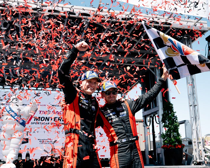 Team Penske Porsche celebrates another IMSA championship win as BMW M Team RLL looks on at Laguna Seca in May 2025. Photos by Walter Fulbright.
