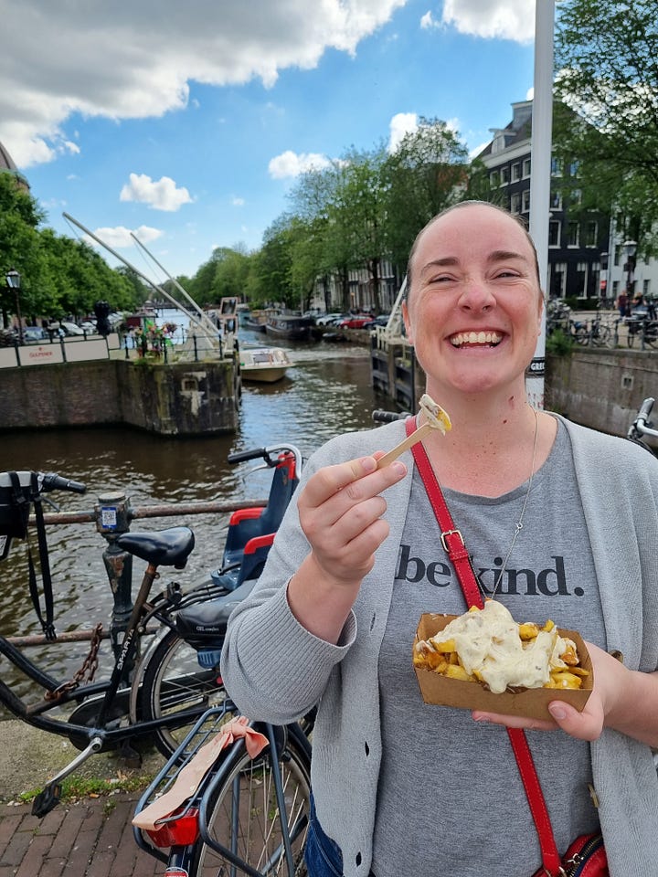 Photo 1: Aisling eating apple pie. Photo 2: Dave eating cheese and crackers. Photo 3: Dave grinning and eating from a red box with the words "cooked with lightning". Photo 4: Aisling grinning, holding a tray of chips covered in truffle mayo. 