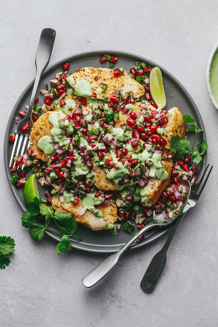 A photo of keto peanut butter blossom cookies next to halibut cheeks with pomegranate salsa.