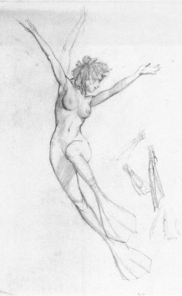 LEFT: A figure sketch in pencil of a nude woman wearing swim fins. One knee is up obstructing the view of her crotch. Her arms are up and out as she glances back over her shoulder. Smaller sketches nearby provide a different position for her arm and details of the swim fins. RIGHT: A trio of figure sketches (two facing away) in swim poses. One of the figures has swim fins on their feet. The other two have spherical domes over their heads. The arm position mimics propulsion with one wide like a butterfly stroke, the next with arms back at their side, and the last with arms working in unison paddling under. In the upper right words are scribbled: "Rather in the dark"