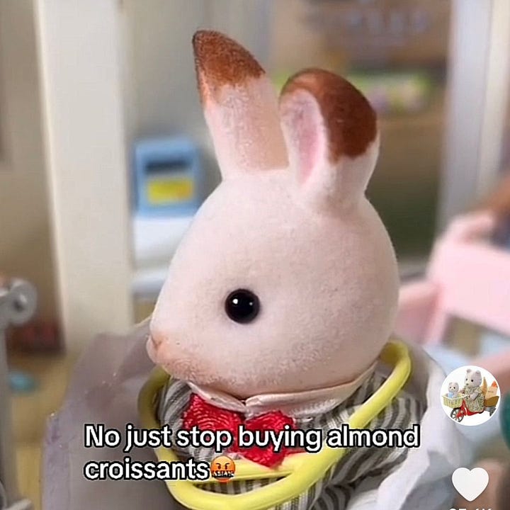 Screenshots from Sylvanian Drama. The grey cat asks "can I get a pay rise plz?" The white bunny replies "no just stop buying almond croissants."