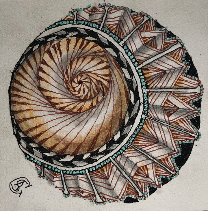 Pattern drawing and shading in the form of spirals.