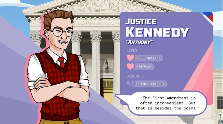 Dating profile-style introductions to fictional avatars of young John Roberts and Anthony Kennedy,