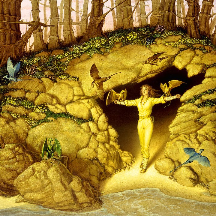 LEFT: Detail from DRAGONSDAWN featuring a woman in a yellow jumpsuit emerging from a cave. She stands with arms outstretched. A tiny dragon perches on each forearm. RIGHT: Preliminary concept featuring a woman emerging from a cave on a small island with her arms out wide and dragons perched there.