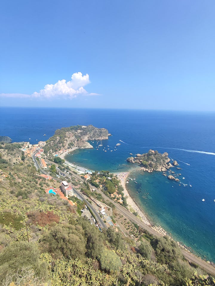 Views of the sea and Taormina at day and night