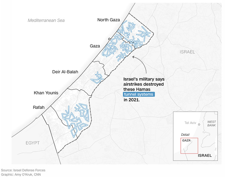 2 MAPS OF KNOWN HAMAS TUNNELS UNDER GAZA. From L to R: CNN, The Wall Street Journal 