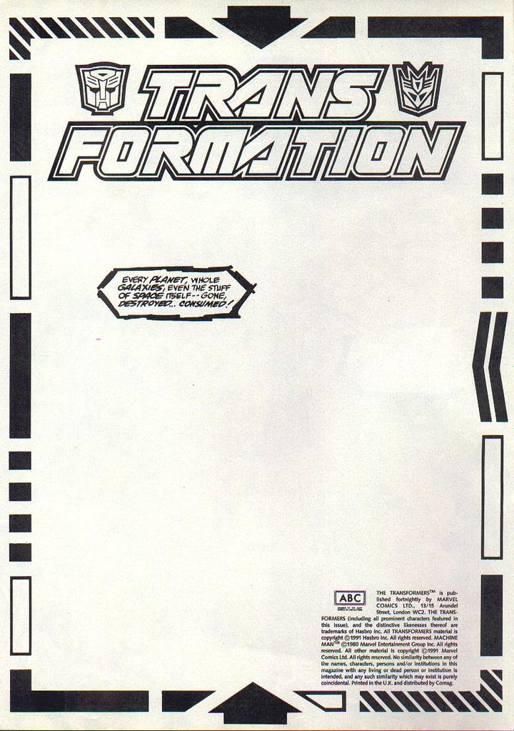 Two scanned paged of the Transformers comic #74, almost entirely blank white pages saved for a small speech bubble.