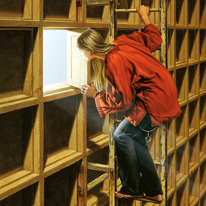 LEFT: Detail of LUMEN 6 featuring a young woman standing barefoot on a ladder to peer through an open panel. Her straight blonde hair is swept to the side so we can see her face in profile bathed in light from the other side. RIGHT: Closer detail of LUMEN 6 featuring the wardrobe. The young woman is wearing a red long-sleeved tunic and dark blue jeans. From her waist hangs a wide silver loop and from it dangles a transparent glass sphere.