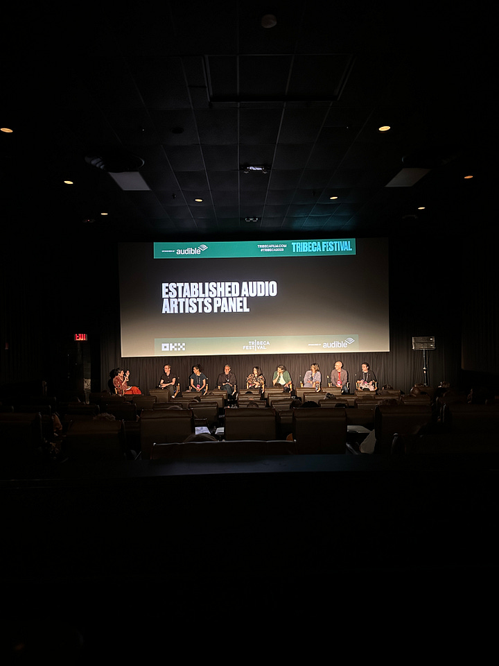 Two photos of different audio panels at Tribeca, taken from the back of a dark theatre