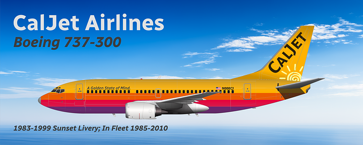 CalJet Boeing 757-200 (L) and CalJet Boeing 737-300 (R) in 1983-1999 Sunset livery, both shown in side view.