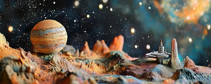 miniature diorama cardboard planet with space station in cosmic and psychedelic landscape