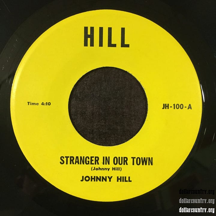 Label images of 45 rpm record of Johnny Hill's Stranger In Our Town