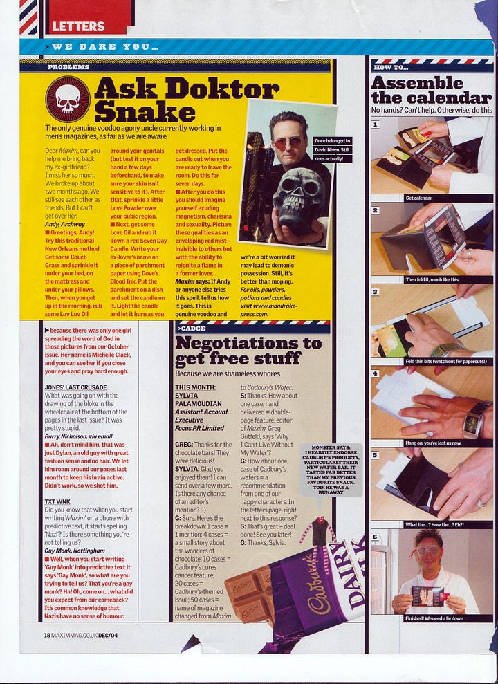 Ask Doktor Snake column from Maxim magazine in 2005. Scans of articles and covers
