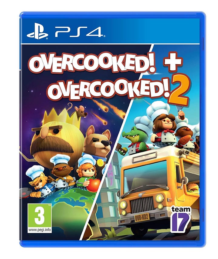 From left: The game case for Overcooked and Overcooked 2, and the package for Throw Throw Burrito.