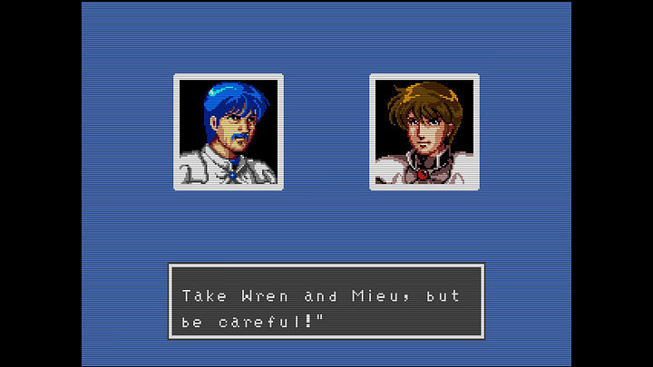 On the left, an image of Rhys, now 18 years older and with a mustache, telling his son Nial to "Take Wren and Mieu, but be careful!" On the right, Nial and his wife, Laya, in a black-and-white side portrait from the moment they're being married, with text reading, "Nial and Laya's marriage ended the years of war"