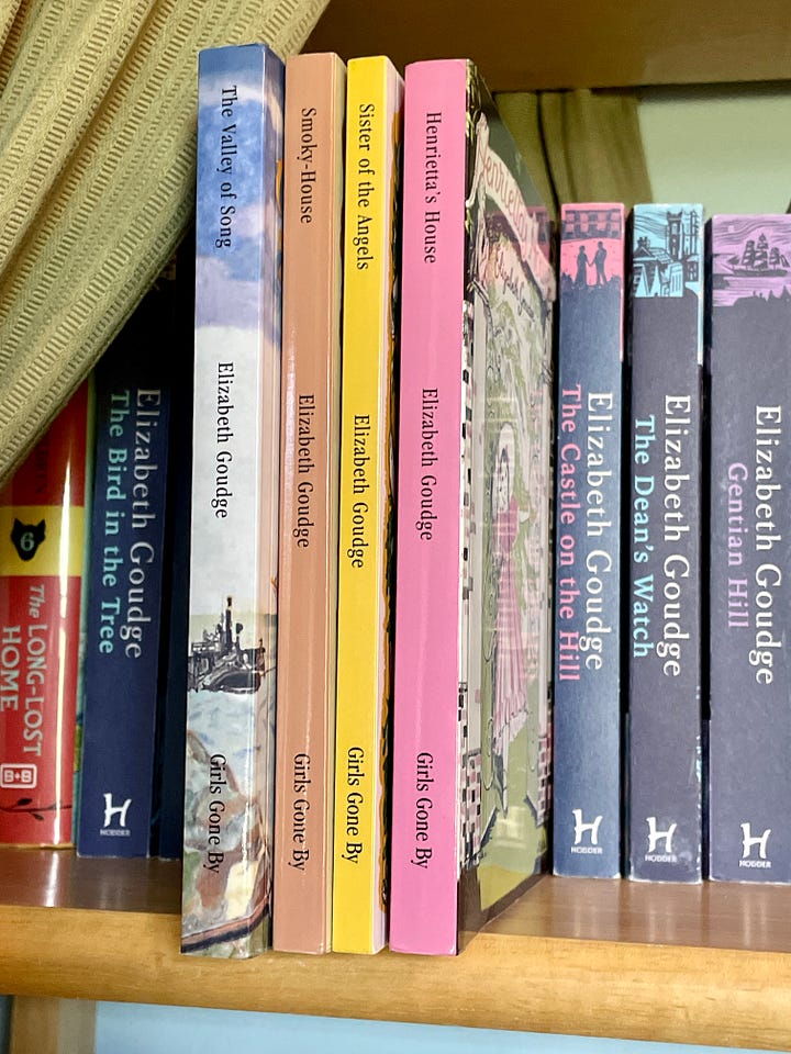 Anna's favorite edition of Linnets & Valerians; her collection of Goudge's children's books by Girls Gone By Publishers; her adult Goudge novels by Hodder Books; and her favorite adult Goudge novel, the Hodder edition of Towers in the Mist