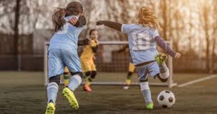 Left: girls playing soccer; right, girls winning in sports
