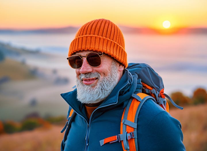 AI-generated photorealistic images of a bearded man hiking in the mountains