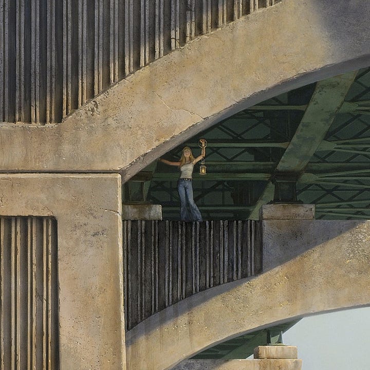 LEFT: Detail from THE BIG QUESTION featuring a woman standing on the concrete support of a highway overpass holding up a lantern. Light cuts a diagonal across the face of the T-shaped facade. The successive supports follow the curve of the road off-panel left. RIGHT: Close detail from THE BIG QUESTION featuring a woman standing on the concrete support of a highway overpass. Light cuts across the exterior face of concrete leaving her in shadow. The steel girders behind her are green. She steadies herself, reaching out  for support while in her opposite hand she holds up a metal ring. From it dangles a lantern on a chain.