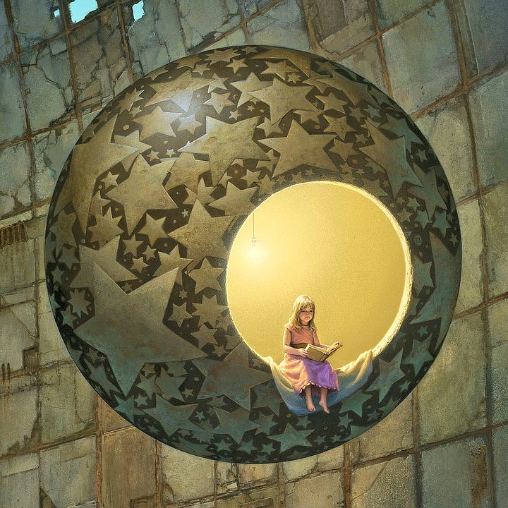 LEFT: Detail of a stone sphere hanging suspended in air in front of a paneled concrete wall. A girl ink pink dress sits in the circular opening of the sphere with a warm glow of light behind her. RIGHT: Close detail of a girl in pink dress sitting with a book in her lap while dangling her feet out of the opening in a suspended sphere covered in stars.