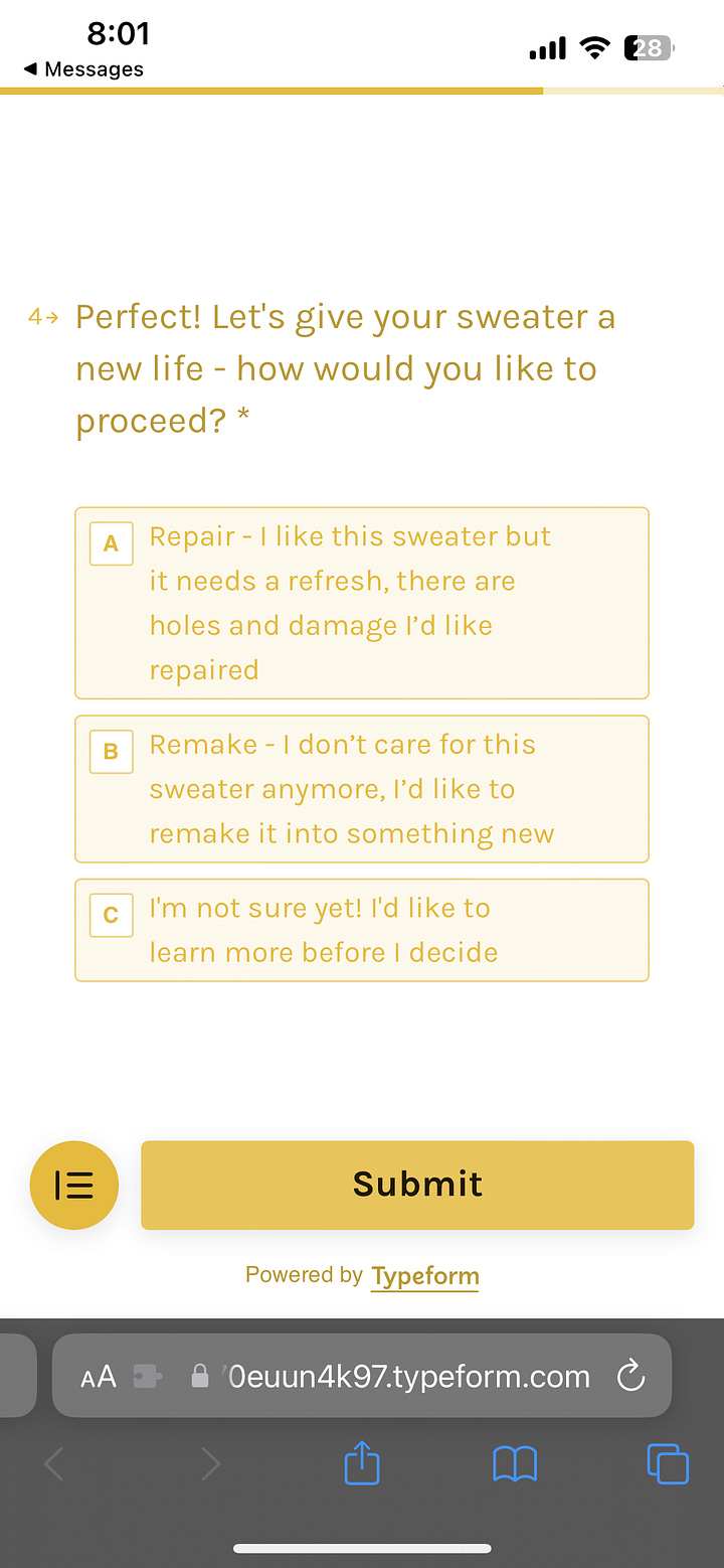 Sweater remake repair survey questions screenshot