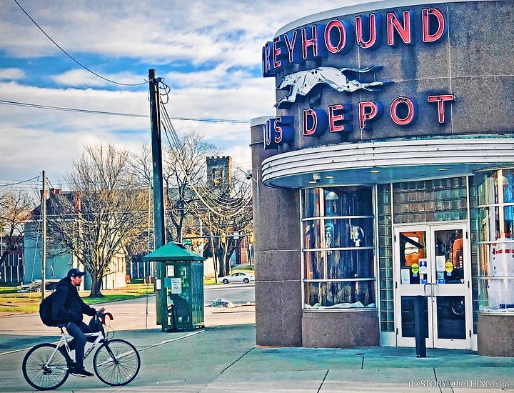 Two photos of bicyclists on the urban streets of West Virginia.