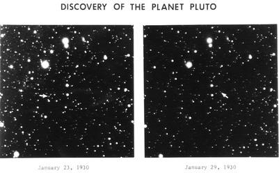 Clyde Tombaugh standing next to a telescope in 1930 and on the right are the discovery plates for Pluto.