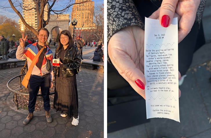 Left image: A man and woman stand and smile in a NYC park, holding what looks like a Polaroid camera. Right: Two hands holding a paper poem. The poem is written by AI using the camera's capture.