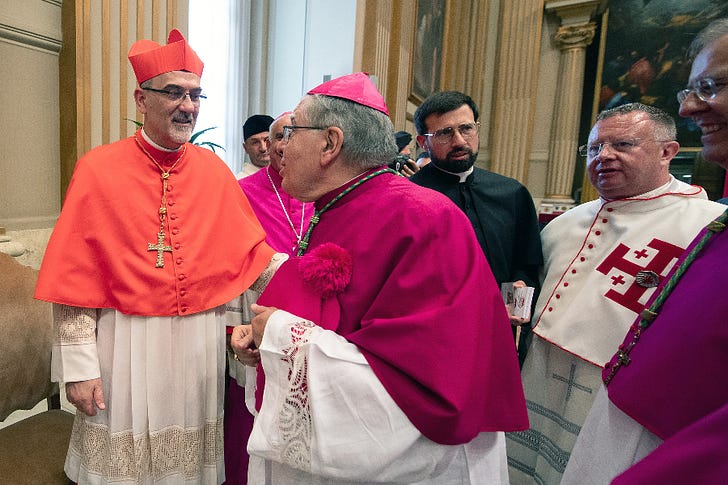 Cardinal Pizzaballa meets with well-wishers at the Vatican on Oct. 2, 2023, the day he received the red hat. © Mazur/cbcew.org.uk.