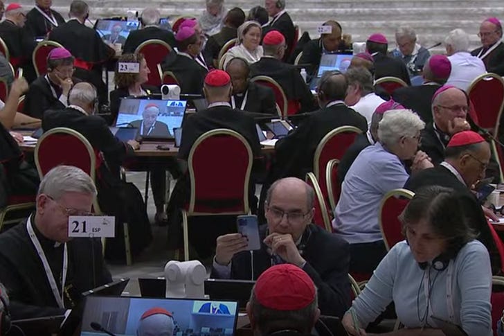 A session of the synod on synodality in the Vatican’s Paul VI Hall on Oct. 28, 2023. Screenshot from @VaticanNews YouTube channel.