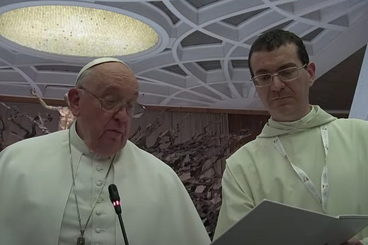Pope Francis leads prayers at a session of the synod on synodality in the Vatican’s Paul VI Hall on Oct. 28, 2023. Screenshot from @VaticanNews YouTube channel.