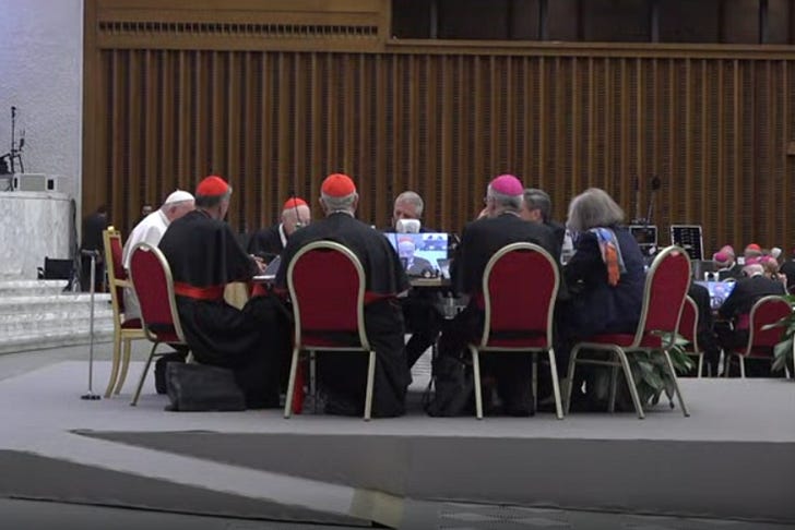 A session of the synod on synodality in the Vatican’s Paul VI Hall on Oct. 28, 2023. Screenshot from @VaticanNews YouTube channel.