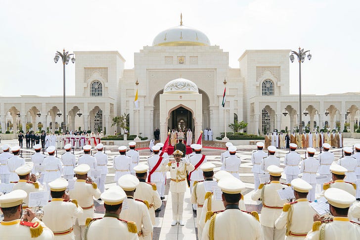 Pope Francis was greeted at the UAE's presidential palace during a 2019 visit. Credit: UAE Ministry of Presidential Affairs.