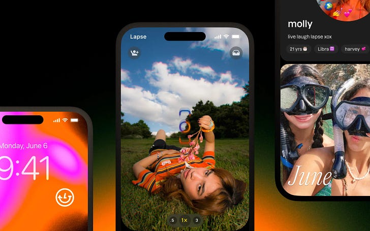 3 screens from the Lapse app showing vibrant, colorful photos of women from the capture screen & a user profile