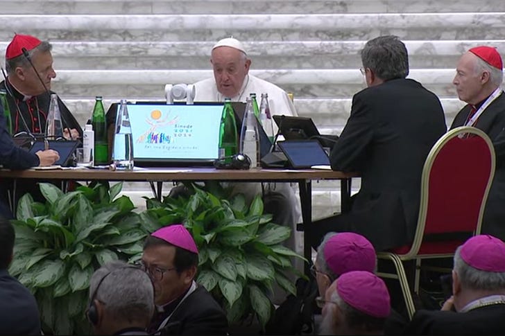 A session of the synod on synodality in the Vatican’s Paul VI Hall on Oct. 28, 2023. Screenshot from @VaticanNews YouTube channel.