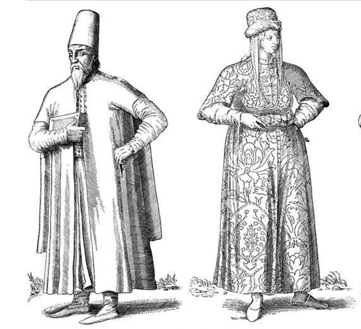 A person with a beard, a tall hat and robes, and another person with covered hair and robes. Illustration.