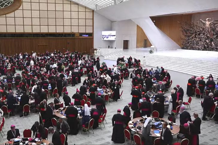 A session of the synod on synodality in the Vatican’s Paul VI Hall on Oct. 28, 2023. Screenshot from @VaticanNews YouTube channel.