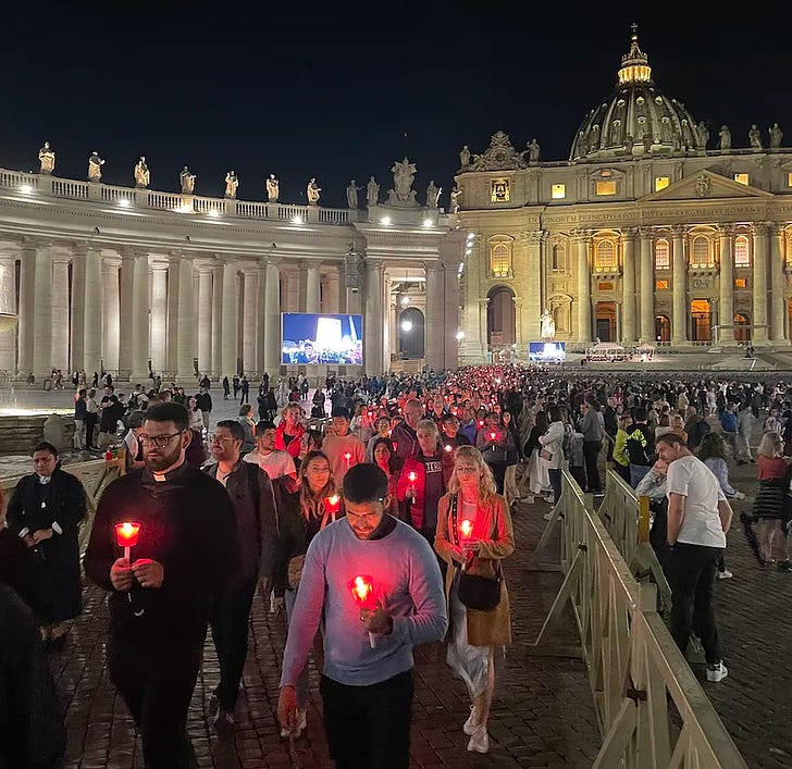 Pilgrims pray during a rosary procession at St. Peter's Basilica Oct. 21. Credit: JD Flynn/Pillar Media.