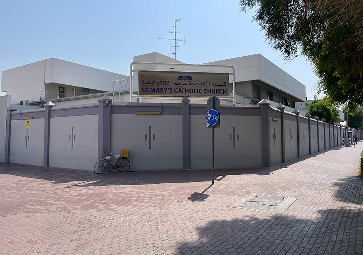 St. Mary's Catholic Church, Dubai. There are no crosses or other Catholic symbols displayed outside the walls of the parish campus. Credit: JD Flynn/Pillar Media.