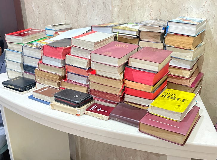 A stack of Bibles, in several languages, in the adoration chapel at St. Mary's Catholic Parish, Dubai. Credit: JD Flynn/Pillar Media.