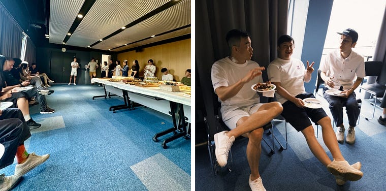 From left to right: around the room intros &amp; Jameson (co-founder of Mochi Media &amp; 886 Studios partner), Kevin, and JJ (S'25 batch founder) kickin' it