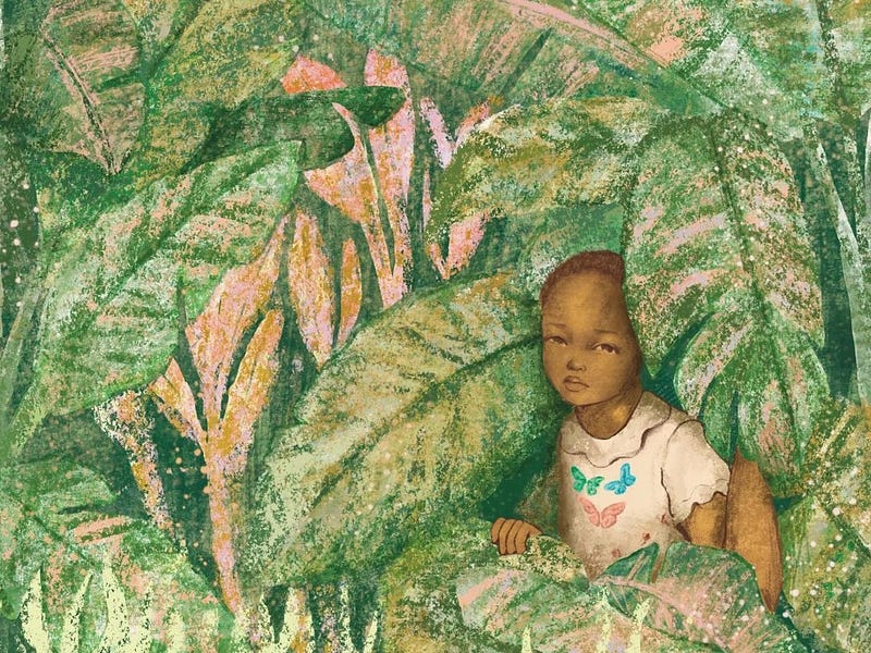 Illustration by Guiliane Cerón of a young girl among leaves
