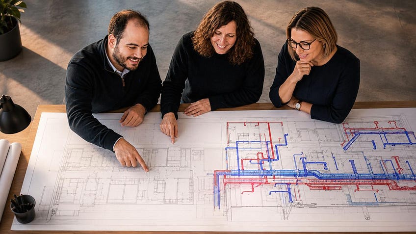 Cover image: seen from above, three colleagues lean over a wide drawing spread across a table. The left half is a bare architectural floor plan in faint grey line; the right half is the same plan overlaid with dense red and blue HVAC ductwork. One of them points at the seam where the empty plan gives way to the routed system.