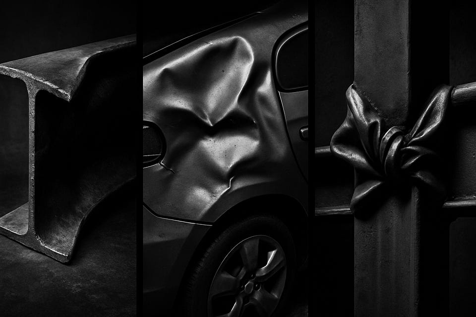 Close-up photograph of crumpled industrial steel, macro detail of bent and folded metal showing stress lines and deformation, dramatic side lighting creating deep shadows, high contrast black and white, textural detail of failure points, abstract composition, professional industrial photography