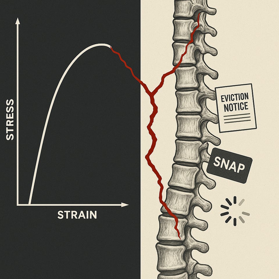 Illustration blending a stress–strain curve with a human spinal column split by a red fracture line labeled ‘Eviction Notice’ and ‘SNAP,’ showing how institutional failures burden bodies.