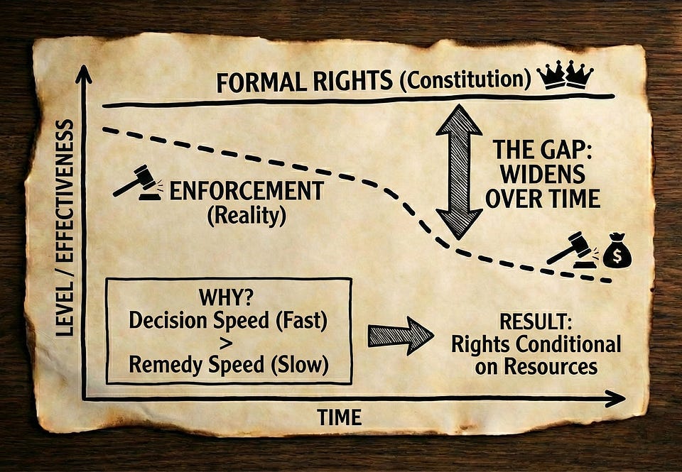 Chart: formal rights stay flat while enforcement falls over time, a widening gap because decisions outpace remedies