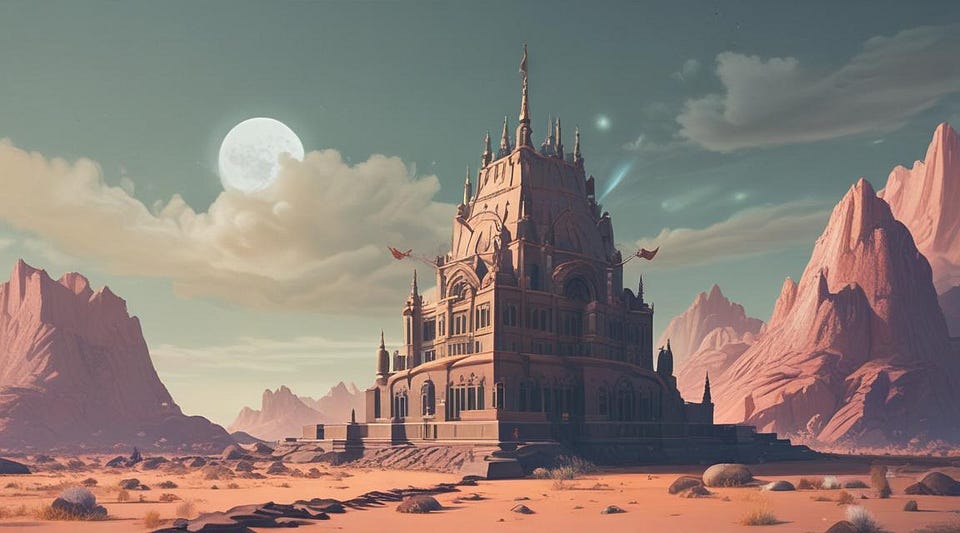 An ornate palace with spires stands alone in an empty red desert, ringed by bare mountains
