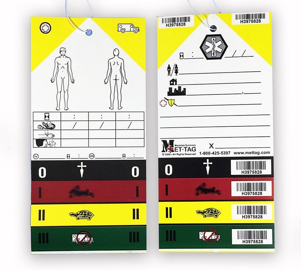 Front and back of a disaster triage tag with tear-off bands: black 0, red I, yellow II, green III